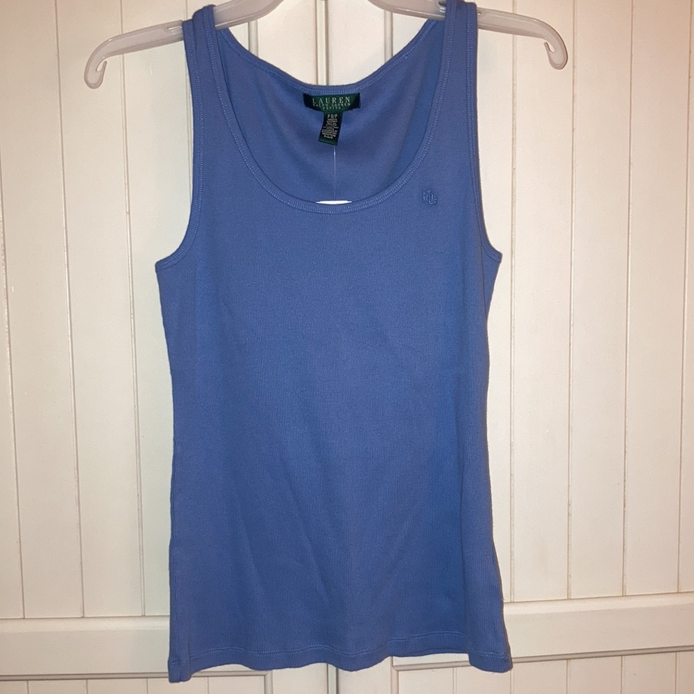 Lauren Ralph Lauren Petite Ribbed Tank Top in Dusty Blue - Picture 4 of 6